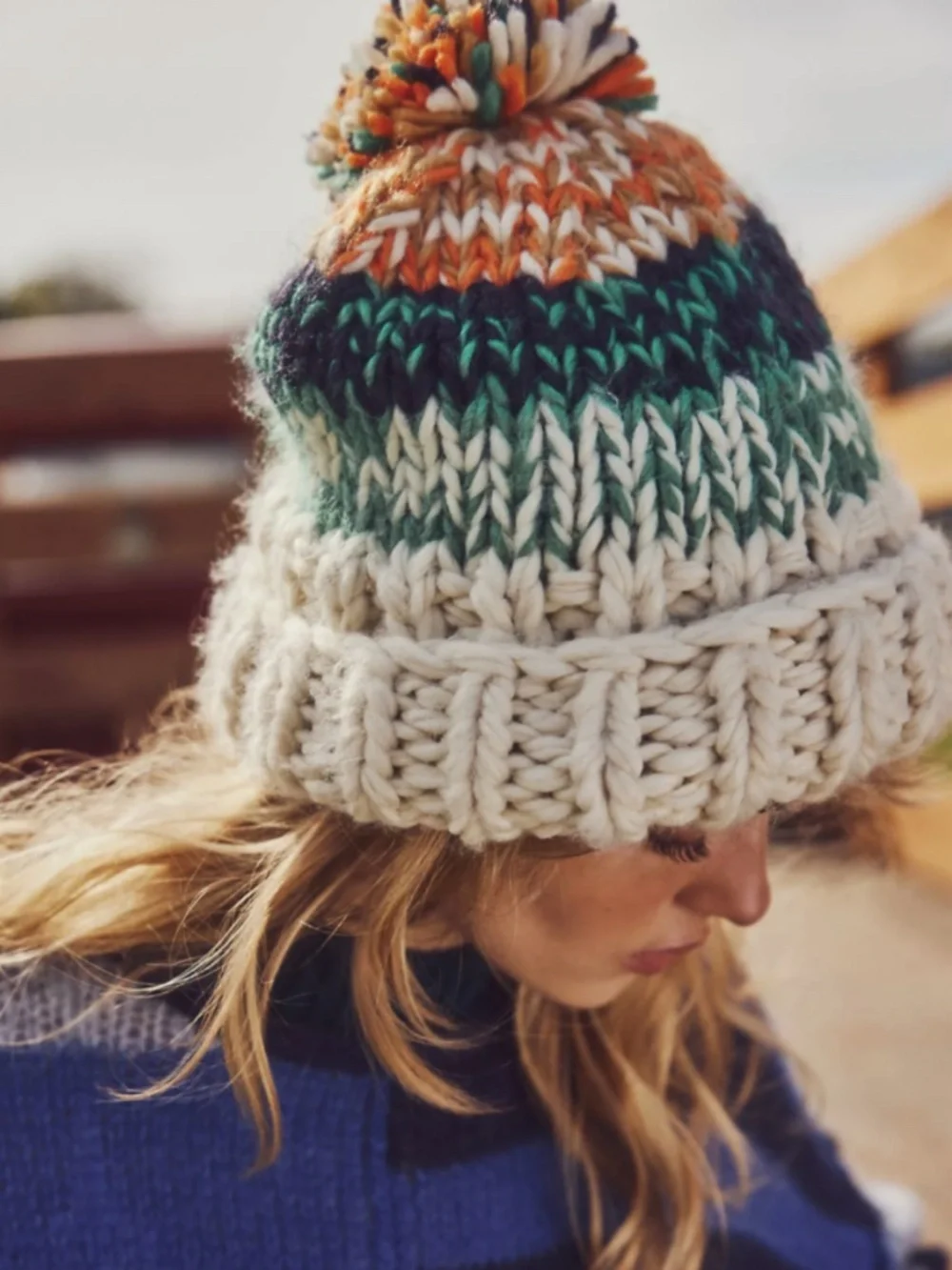 NEW Free People Tide Stripe Knit Pom Beanie Ivory